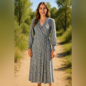 Natalie Martin blue and white wrap dress